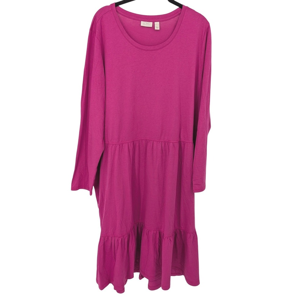 LOGO Lori Goldstein Maxi Dress Womens XL Magenta Pink Tiered Long Sleeve Pockets